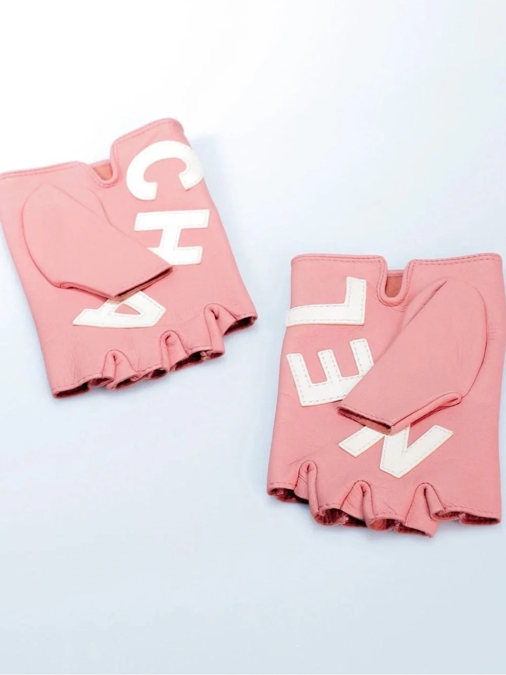 CHANEL Letters Pink White Leather Fingerless Gloves 7.5
